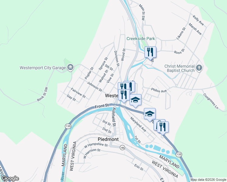 map of restaurants, bars, coffee shops, grocery stores, and more near 402 Hammond Street in Westernport
