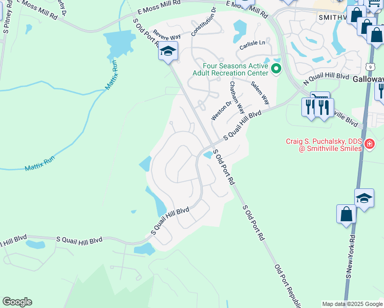 map of restaurants, bars, coffee shops, grocery stores, and more near 161 Brewster Drive in Galloway