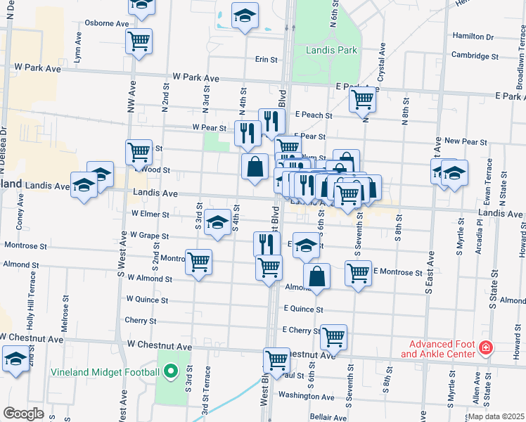 map of restaurants, bars, coffee shops, grocery stores, and more near 431 West Landis Avenue in Vineland