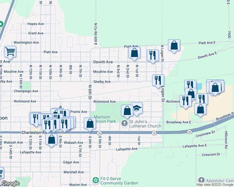 map of restaurants, bars, coffee shops, grocery stores, and more near Lincoln Pairie Grass Trail in Mattoon