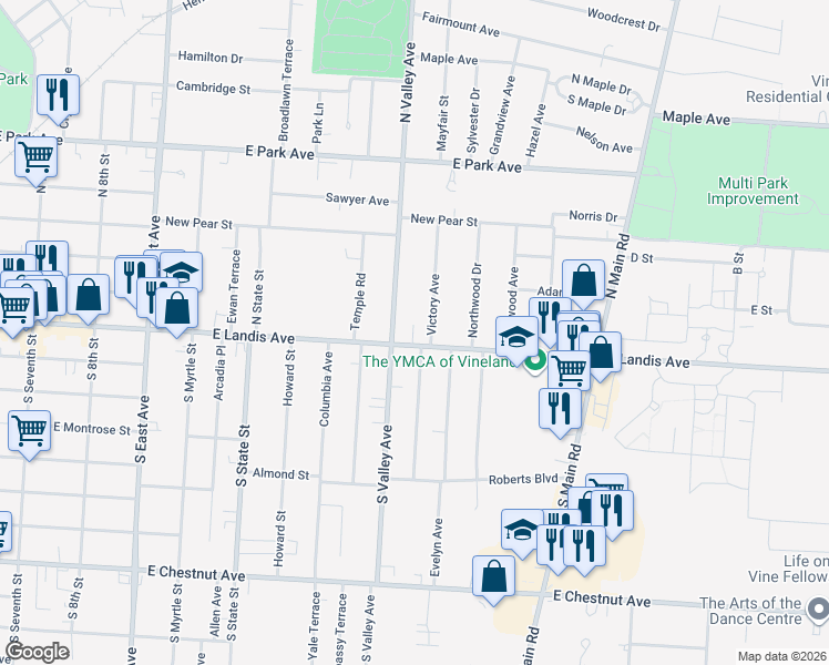 map of restaurants, bars, coffee shops, grocery stores, and more near 2 Victory Avenue in Vineland