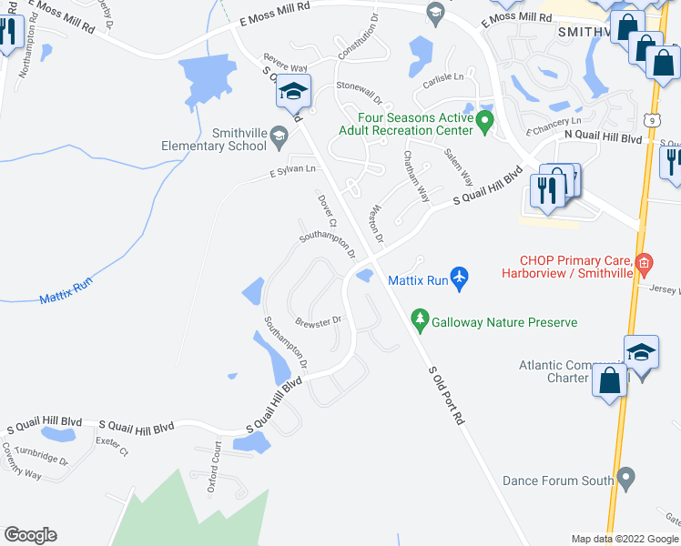 map of restaurants, bars, coffee shops, grocery stores, and more near 110 Hyannis Court in Galloway