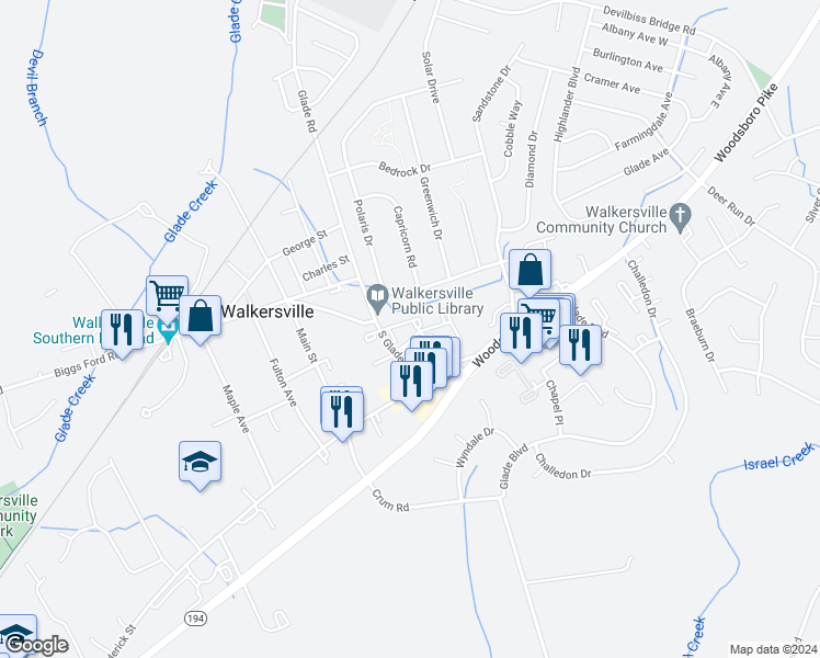 map of restaurants, bars, coffee shops, grocery stores, and more near 103 Edinburgh Court in Walkersville