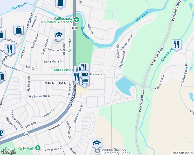 map of restaurants, bars, coffee shops, grocery stores, and more near 20 Mira Loma Drive in Reno