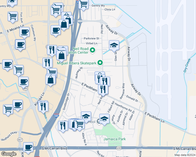 map of restaurants, bars, coffee shops, grocery stores, and more near 4205 Neil Road in Reno