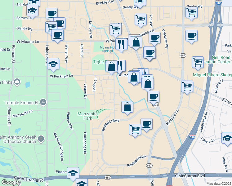 map of restaurants, bars, coffee shops, grocery stores, and more near 308 Lorraine Court in Reno
