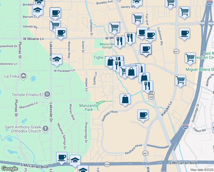 map of restaurants, bars, coffee shops, grocery stores, and more near 308 Lorraine Court in Reno
