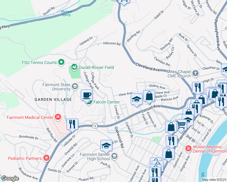 map of restaurants, bars, coffee shops, grocery stores, and more near 1209 Lowell Street in Fairmont