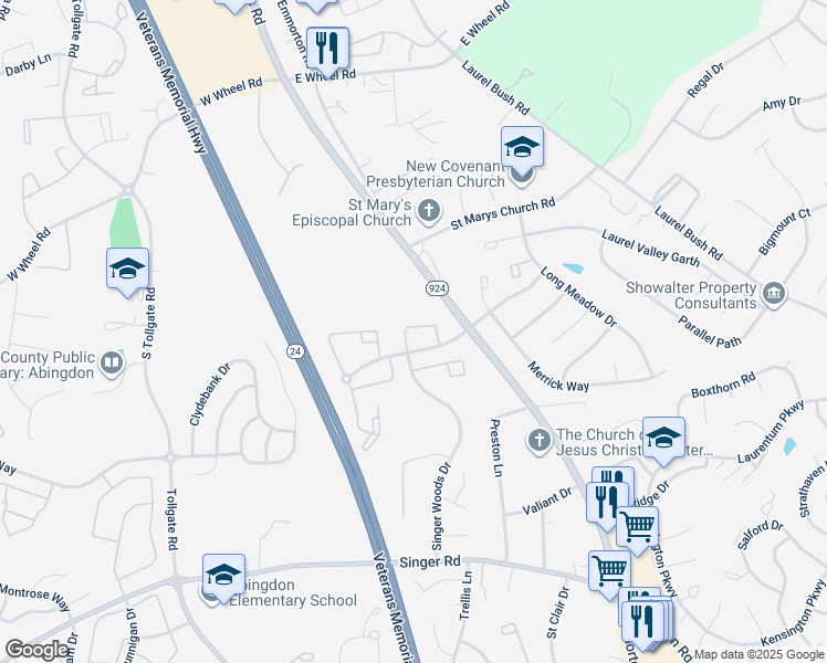 map of restaurants, bars, coffee shops, grocery stores, and more near 133 Laurel Woods Court in Abingdon