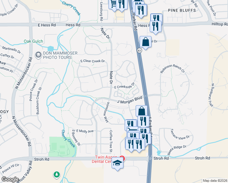 map of restaurants, bars, coffee shops, grocery stores, and more near 19412 East Mann Creek Drive in Parker