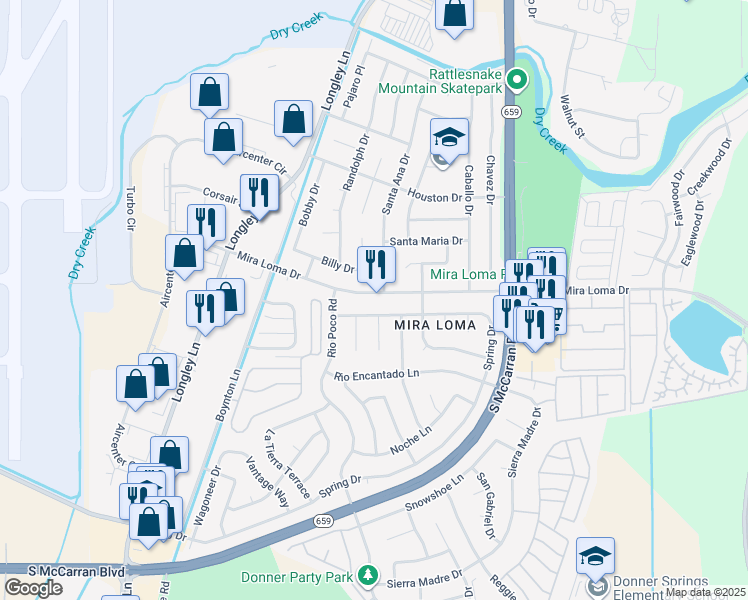 map of restaurants, bars, coffee shops, grocery stores, and more near 4200 Mira Loma Drive in Reno