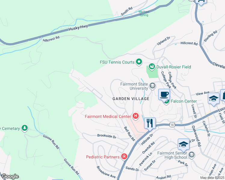 map of restaurants, bars, coffee shops, grocery stores, and more near 1227 Woodland Crescent in Fairmont
