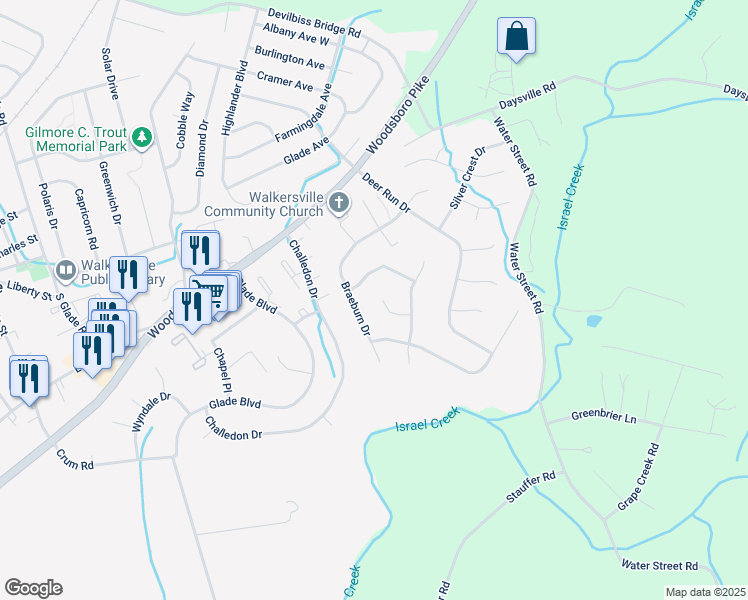 map of restaurants, bars, coffee shops, grocery stores, and more near 268 Providence Circle in Walkersville