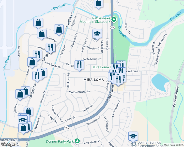map of restaurants, bars, coffee shops, grocery stores, and more near 4360 Mira Loma Drive in Reno