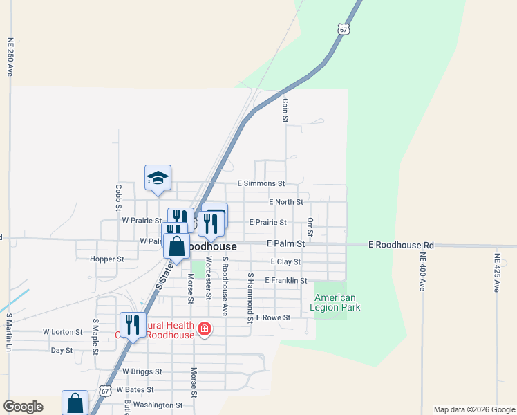map of restaurants, bars, coffee shops, grocery stores, and more near 200-234 East North Street in Roodhouse