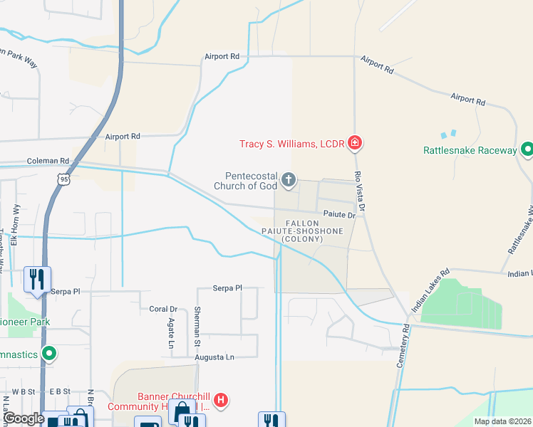 map of restaurants, bars, coffee shops, grocery stores, and more near 900 Paiute Drive in Fallon