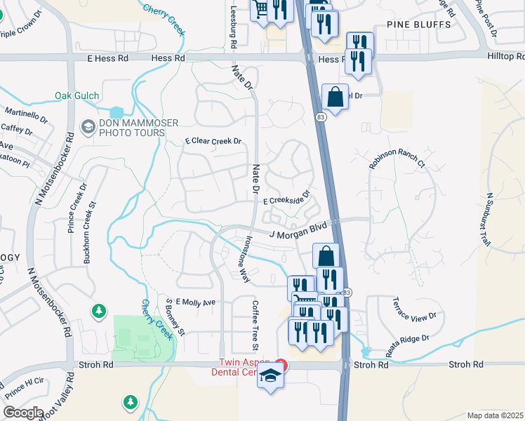 map of restaurants, bars, coffee shops, grocery stores, and more near 19412 East Mann Creek Drive in Parker
