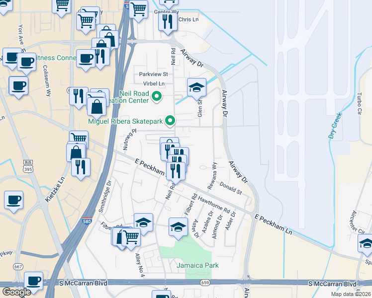 map of restaurants, bars, coffee shops, grocery stores, and more near 4102 Neil Road in Reno