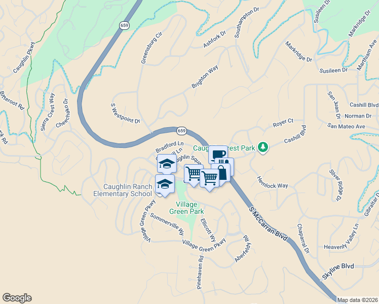 map of restaurants, bars, coffee shops, grocery stores, and more near 4724 Cedarhill Lane in Reno