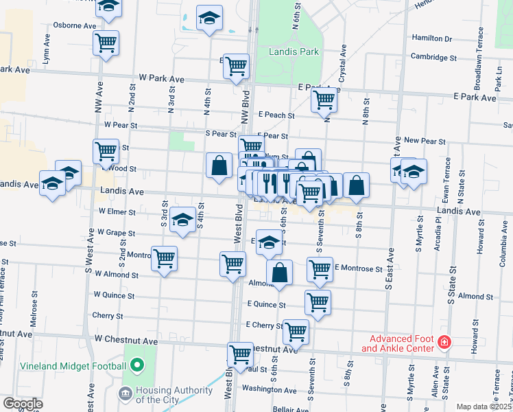 map of restaurants, bars, coffee shops, grocery stores, and more near in Vineland