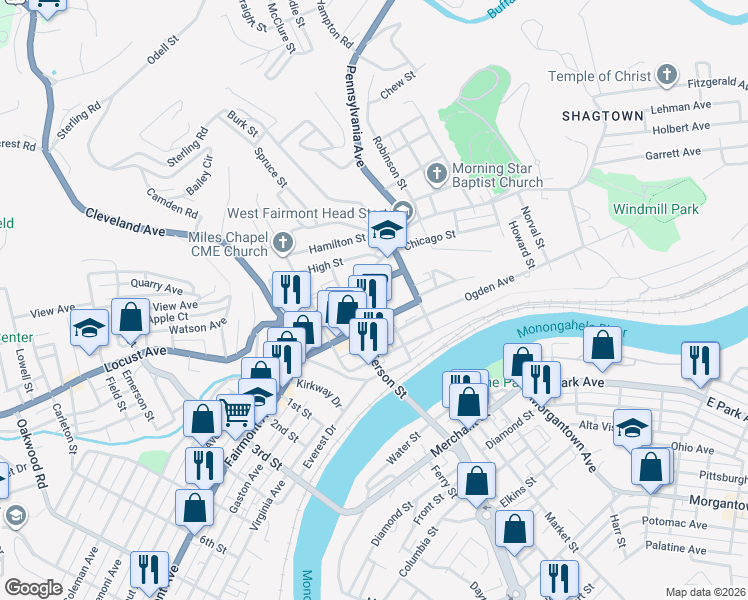 map of restaurants, bars, coffee shops, grocery stores, and more near 331 Madison Street in Fairmont