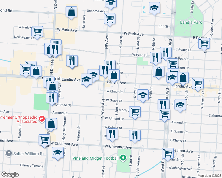 map of restaurants, bars, coffee shops, grocery stores, and more near 116 West Elmer Street in Vineland