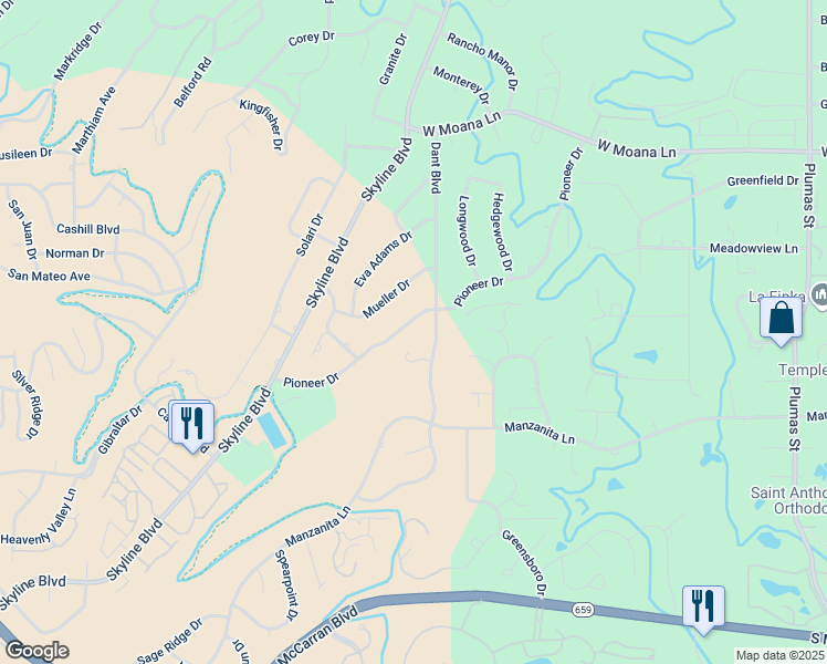 map of restaurants, bars, coffee shops, grocery stores, and more near 2360 Pioneer Drive in Reno