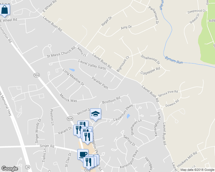 map of restaurants, bars, coffee shops, grocery stores, and more near 2721 Parallel Path in Abingdon