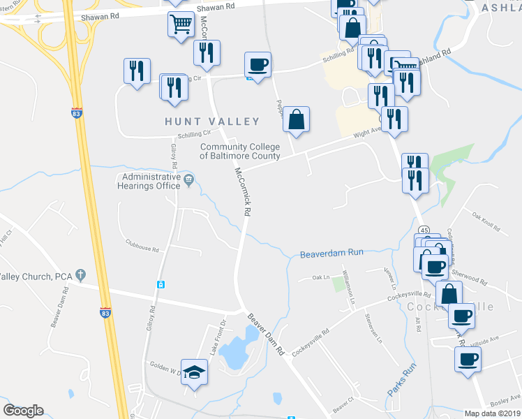 map of restaurants, bars, coffee shops, grocery stores, and more near 11011 McCormick Road in Cockeysville