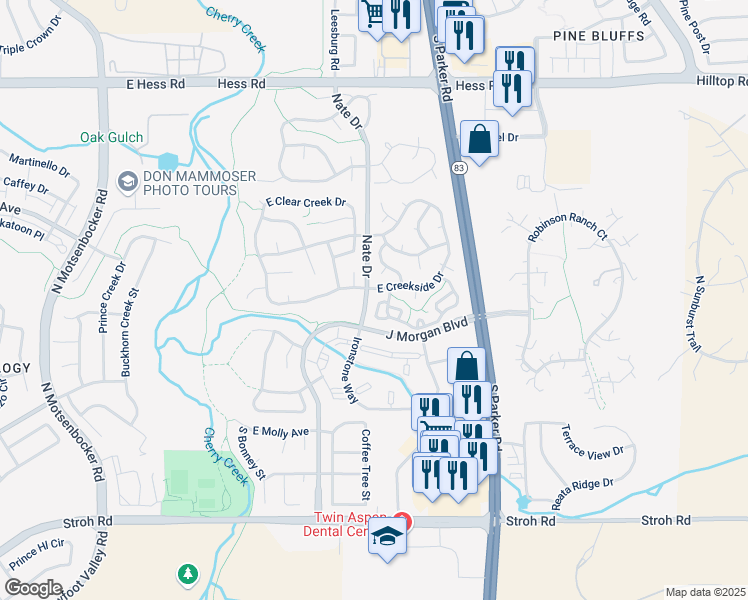 map of restaurants, bars, coffee shops, grocery stores, and more near 19412 East Mann Creek Drive in Parker