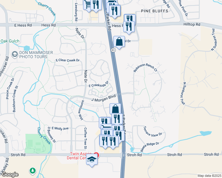 map of restaurants, bars, coffee shops, grocery stores, and more near 19693 East Mann Creek Drive in Parker