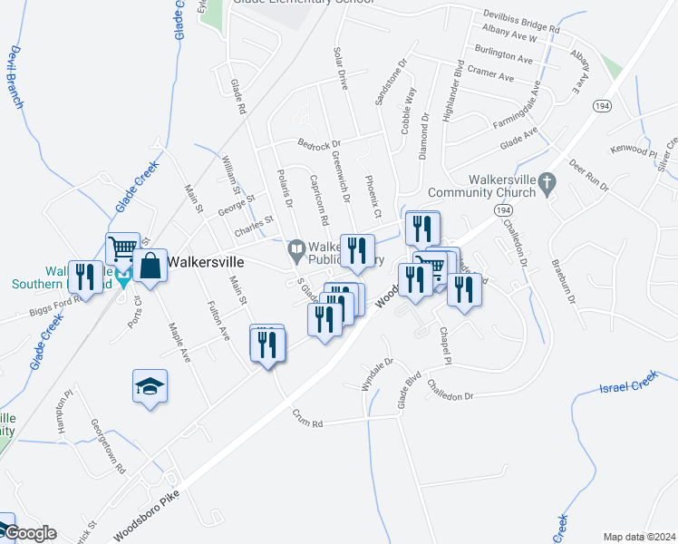 map of restaurants, bars, coffee shops, grocery stores, and more near 100 Edinburgh Court in Walkersville