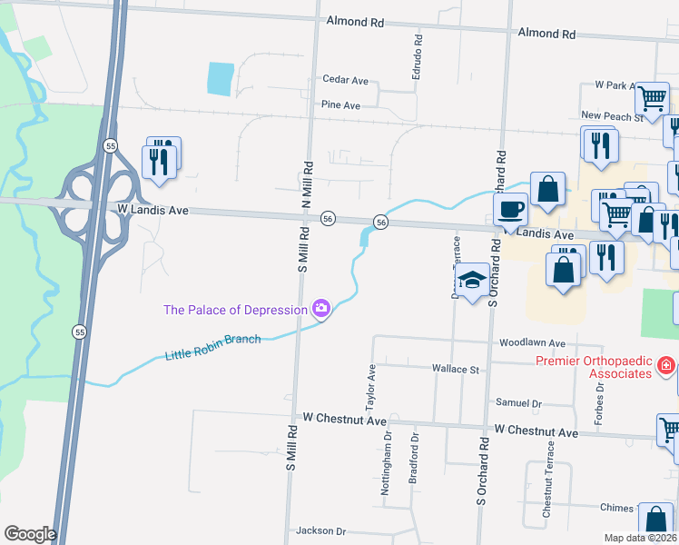 map of restaurants, bars, coffee shops, grocery stores, and more near 1823 West Landis Avenue in Vineland