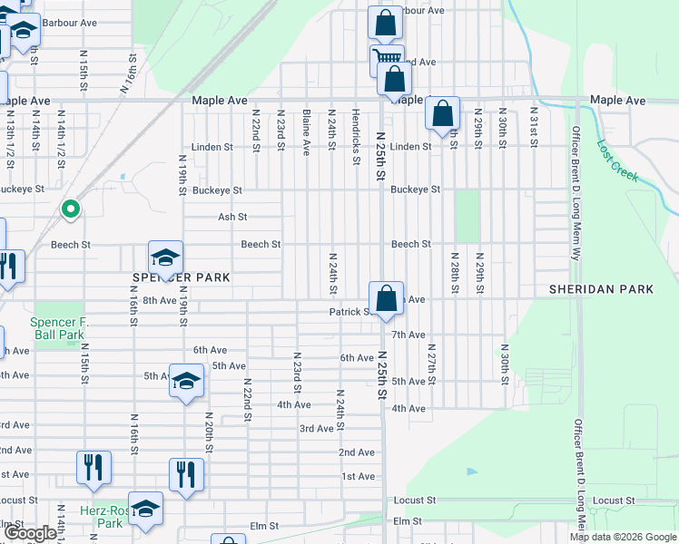 map of restaurants, bars, coffee shops, grocery stores, and more near 1701 North 24th Street in Terre Haute