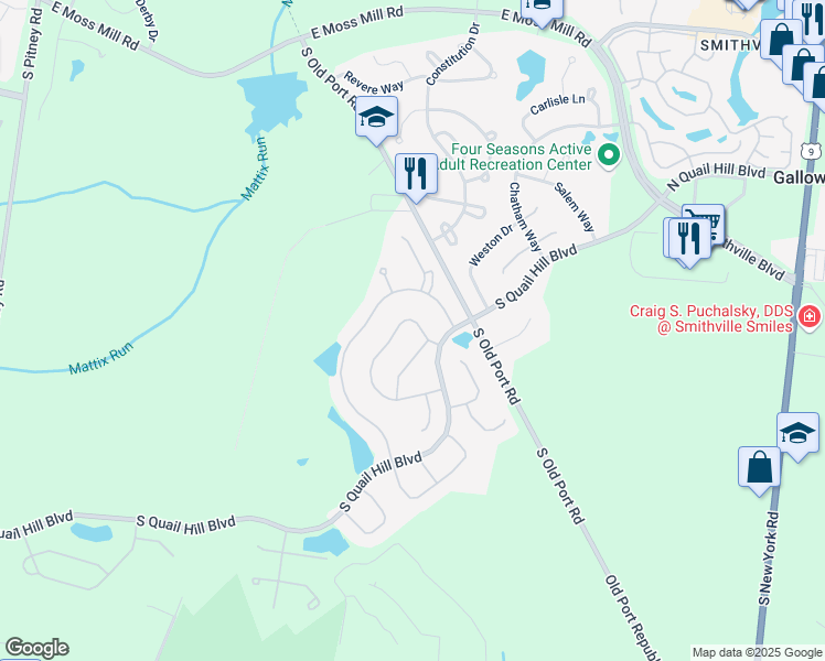 map of restaurants, bars, coffee shops, grocery stores, and more near 161 Brewster Drive in Galloway