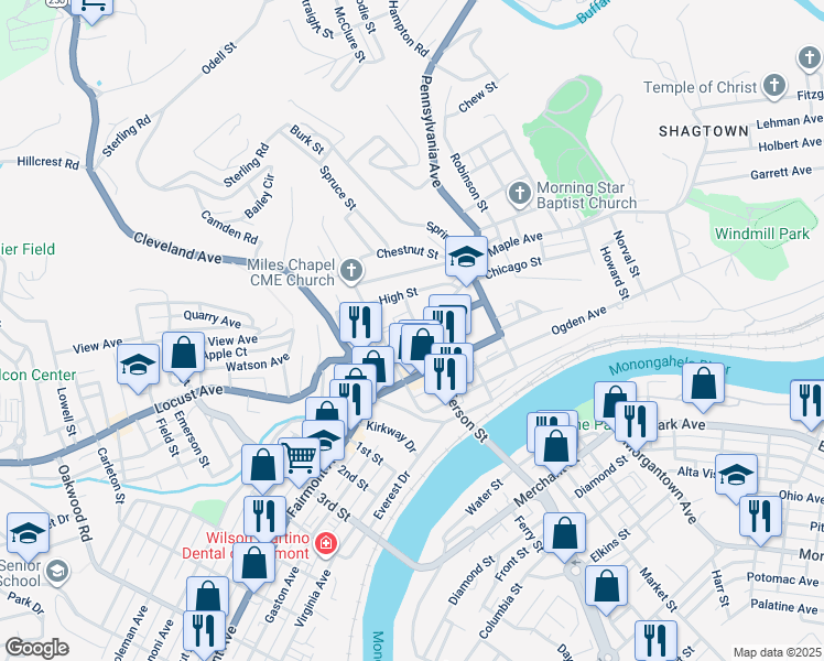 map of restaurants, bars, coffee shops, grocery stores, and more near 227 Jackson Street in Fairmont