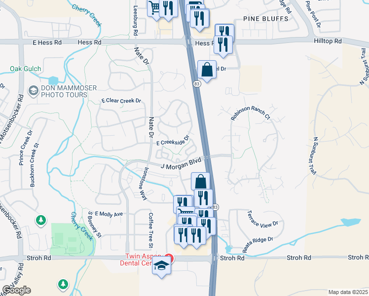 map of restaurants, bars, coffee shops, grocery stores, and more near 19693 East Mann Creek Drive in Parker