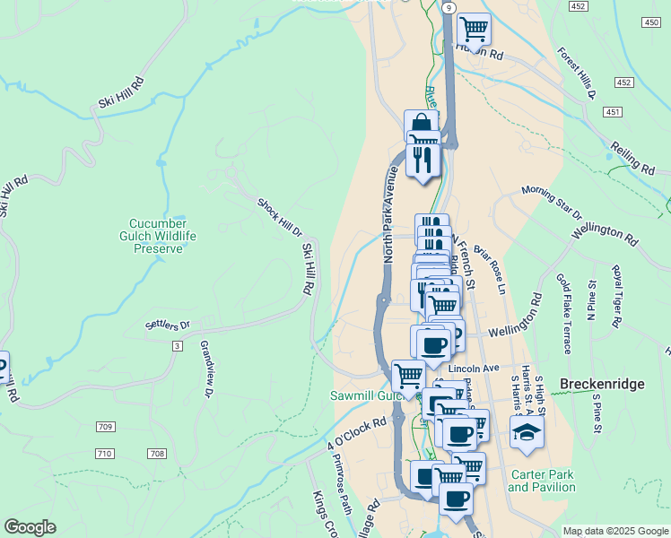 map of restaurants, bars, coffee shops, grocery stores, and more near 123 Woods Drive in Breckenridge