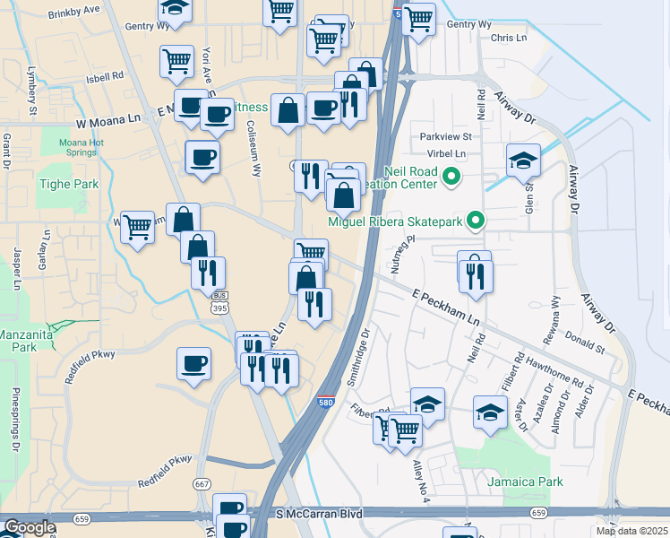 map of restaurants, bars, coffee shops, grocery stores, and more near 700 East Peckham Lane in Reno