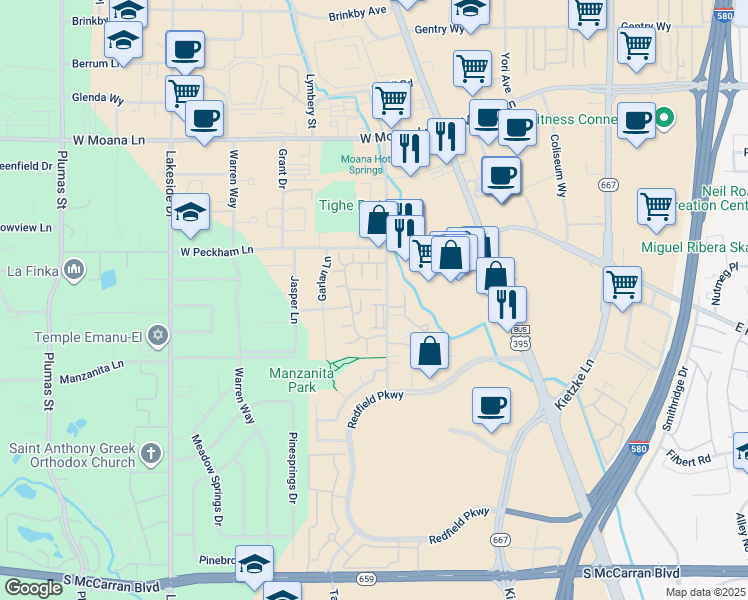 map of restaurants, bars, coffee shops, grocery stores, and more near 308 Lorraine Court in Reno