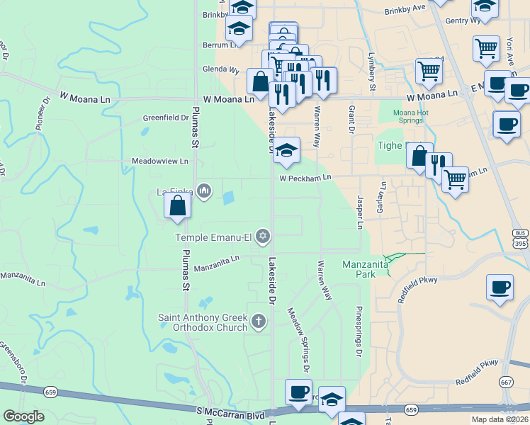 map of restaurants, bars, coffee shops, grocery stores, and more near 4090 Lakeside Drive in Reno
