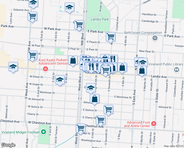 map of restaurants, bars, coffee shops, grocery stores, and more near 533 East Landis Avenue in Vineland