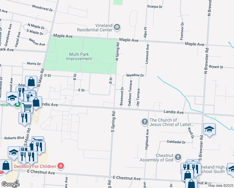 map of restaurants, bars, coffee shops, grocery stores, and more near 105 North Spring Road in Vineland