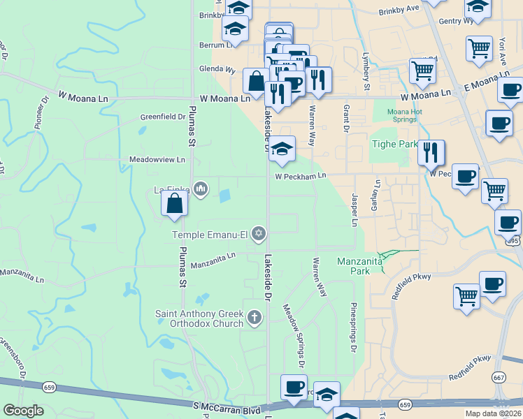 map of restaurants, bars, coffee shops, grocery stores, and more near 4090 Lakeside Drive in Reno