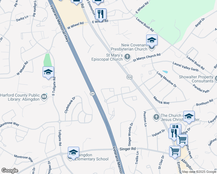 map of restaurants, bars, coffee shops, grocery stores, and more near 218 Maple Wreath Court in Abingdon