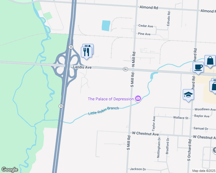 map of restaurants, bars, coffee shops, grocery stores, and more near 2105 West Landis Avenue in Vineland