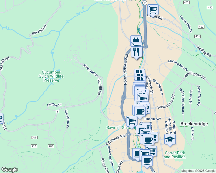 map of restaurants, bars, coffee shops, grocery stores, and more near 123 Woods Drive in Breckenridge