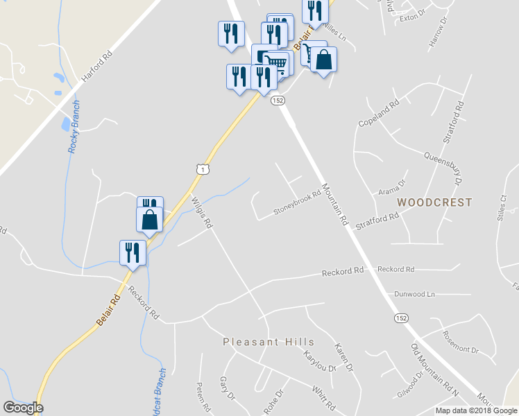 map of restaurants, bars, coffee shops, grocery stores, and more near 407 Stoney Terrace in Fallston