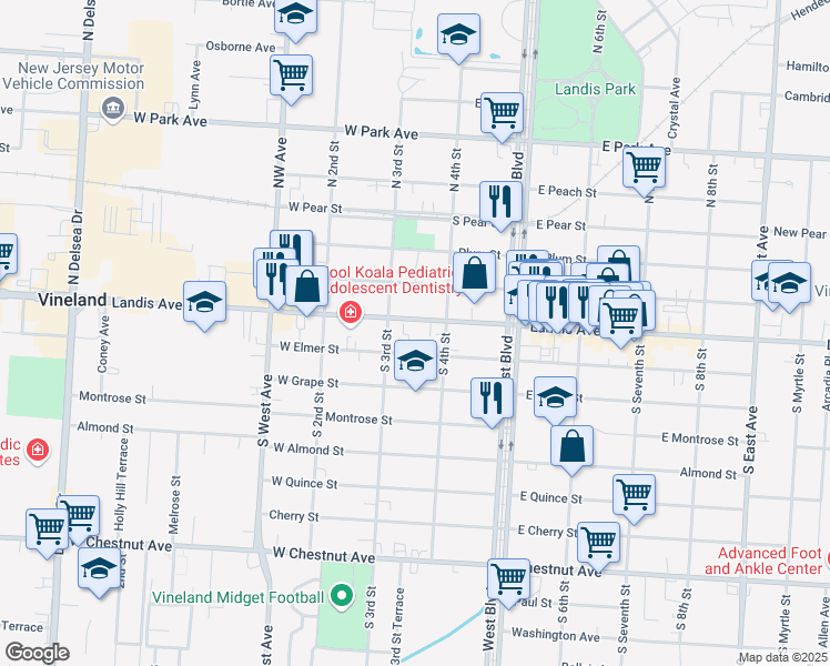map of restaurants, bars, coffee shops, grocery stores, and more near 315 West Landis Avenue in Vineland