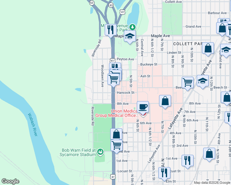 map of restaurants, bars, coffee shops, grocery stores, and more near Hancock Street in Terre Haute